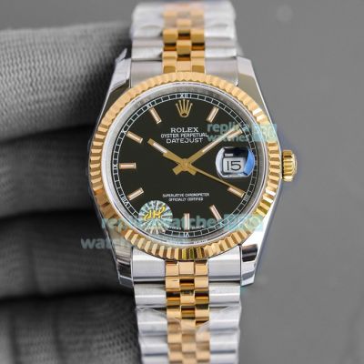 Swiss Copy Datejust Rolex Two Tone Jubilee Band Black Face 36mm Watch